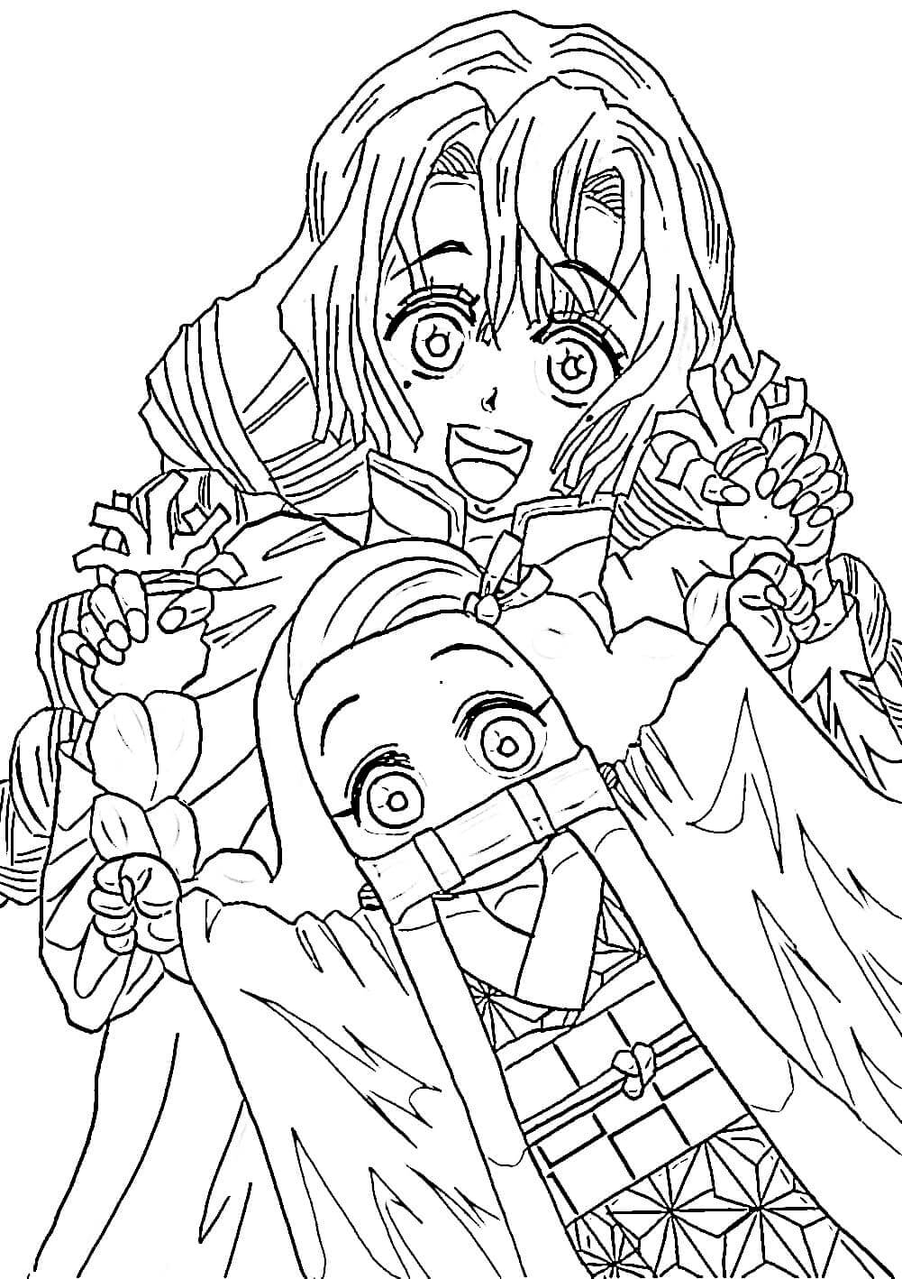 Desenhos de Mitsuri com Nezuko para colorir