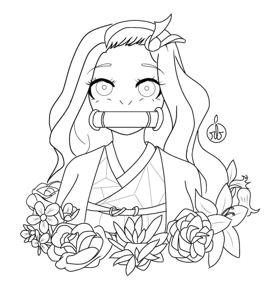 Desenhos de Nezuko com Flores para colorir
