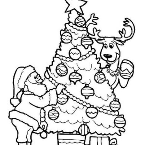 Desenhos de Rena e Papai Noel com árvore de Natal para colorir