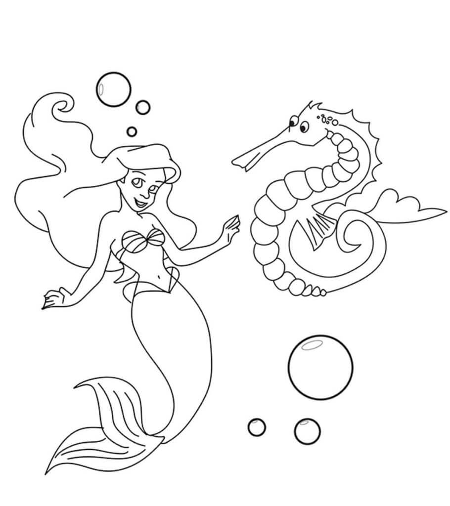 Sereia Ariel com Cavalo Marinho para colorir