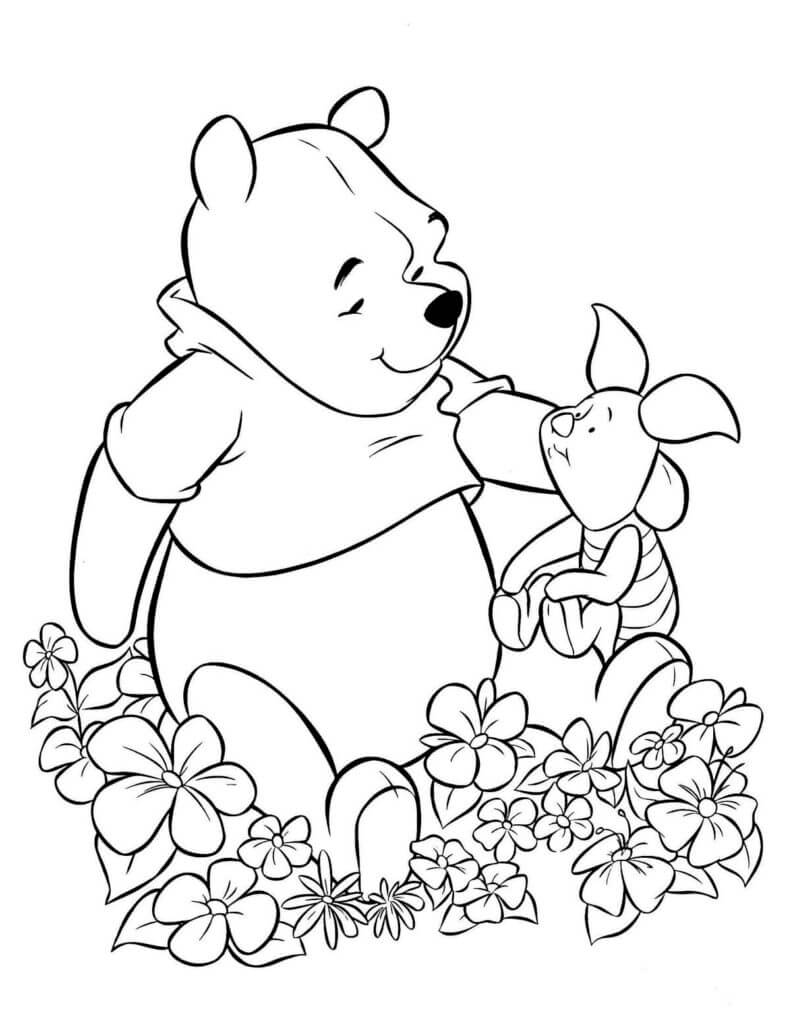 Desenhos de Ursinho Pooh e Leitão com Flores para colorir
