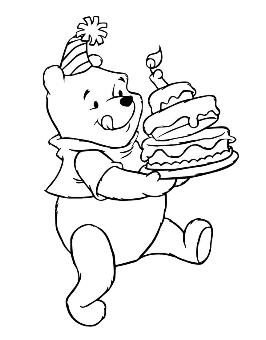Desenhos de Ursinho Pooh segurando bolo de Aniversário para colorir