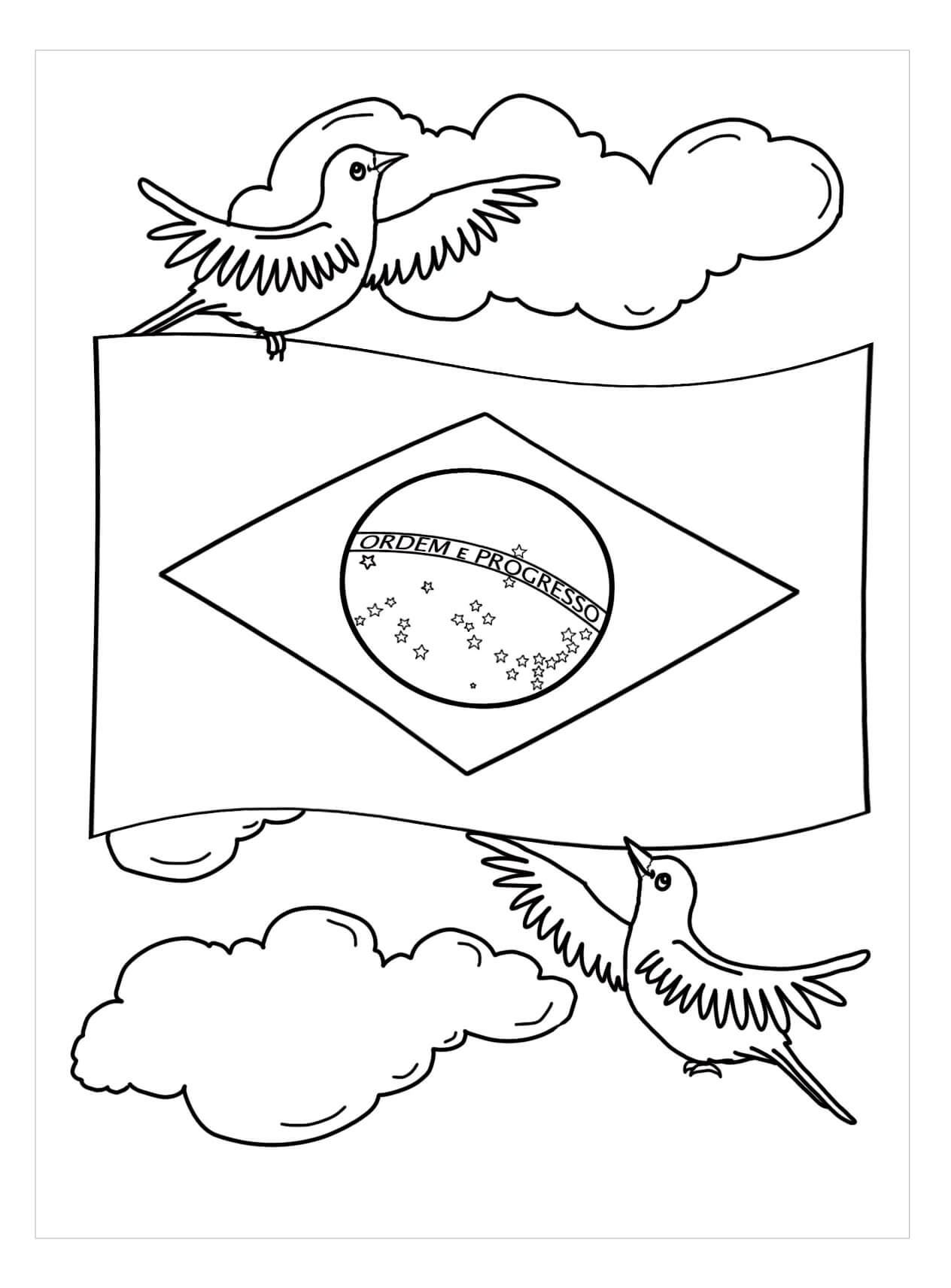 Desenhos de Bandeira do Brasil com Pássaros e Nuvens para colorir