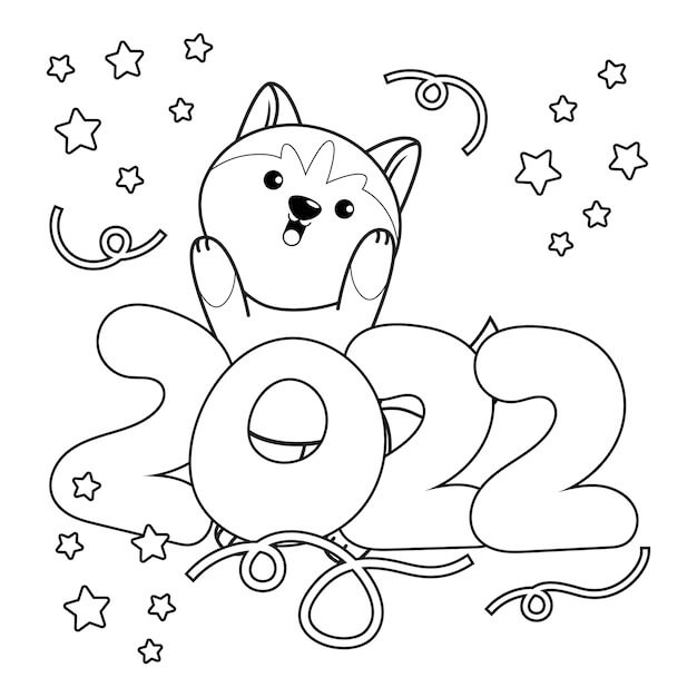 Desenhos de Cão em Feliz Ano Novo 2022 para colorir