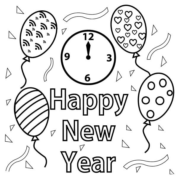 Desenhos de Relógio e Balões Feliz ano Novo para colorir