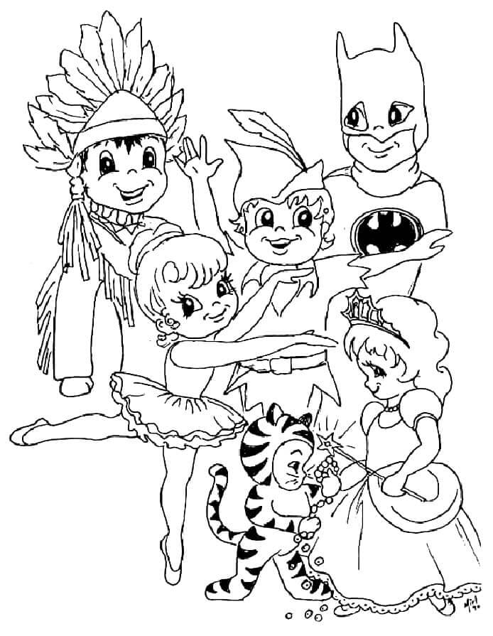 Desenhos de Seis Crianças no Carnaval para colorir