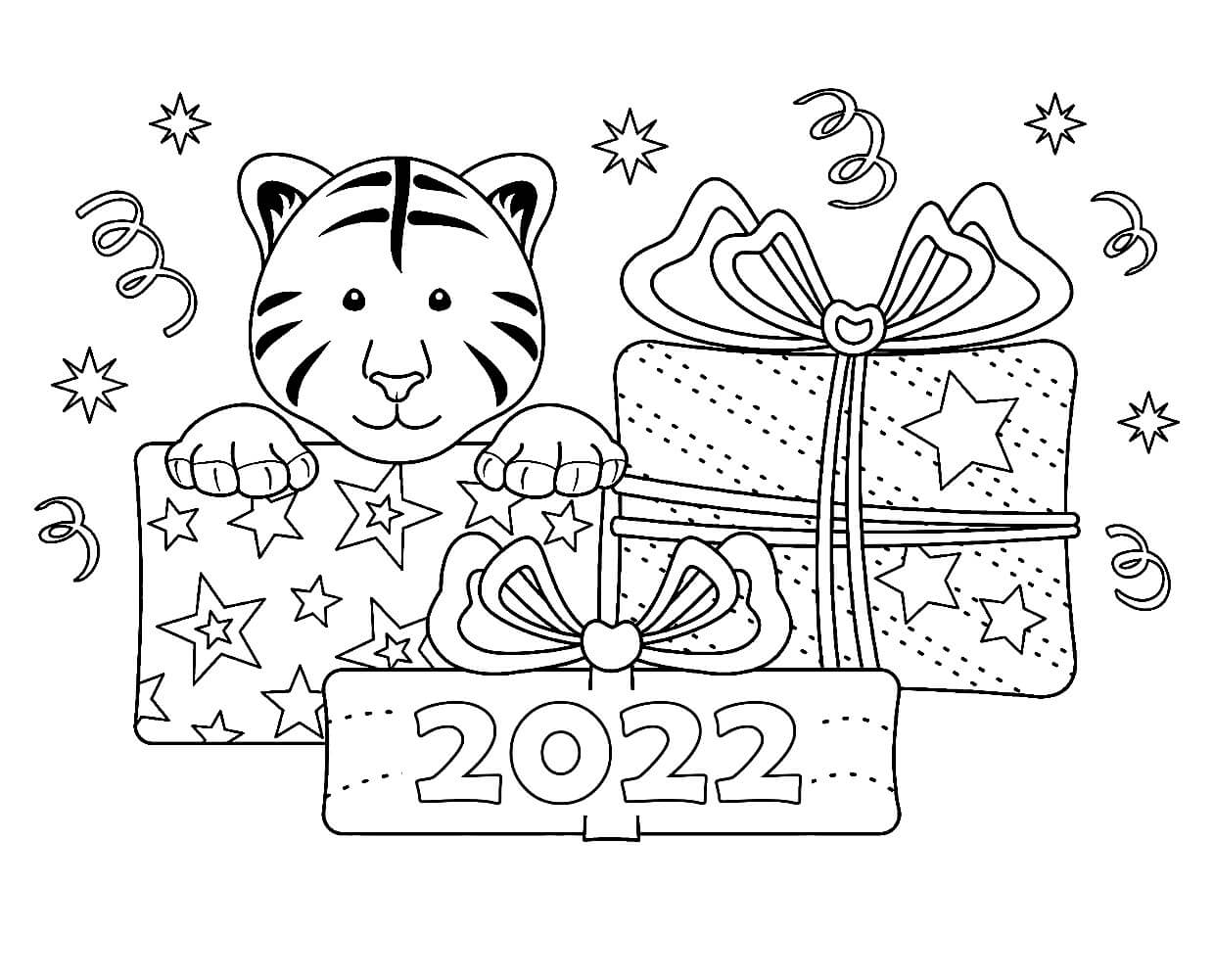 Tigres e ano Novo 2022 para colorir