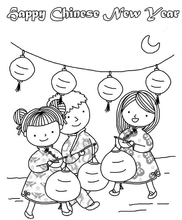 Três Crianças na China Feliz Ano Novo para colorir