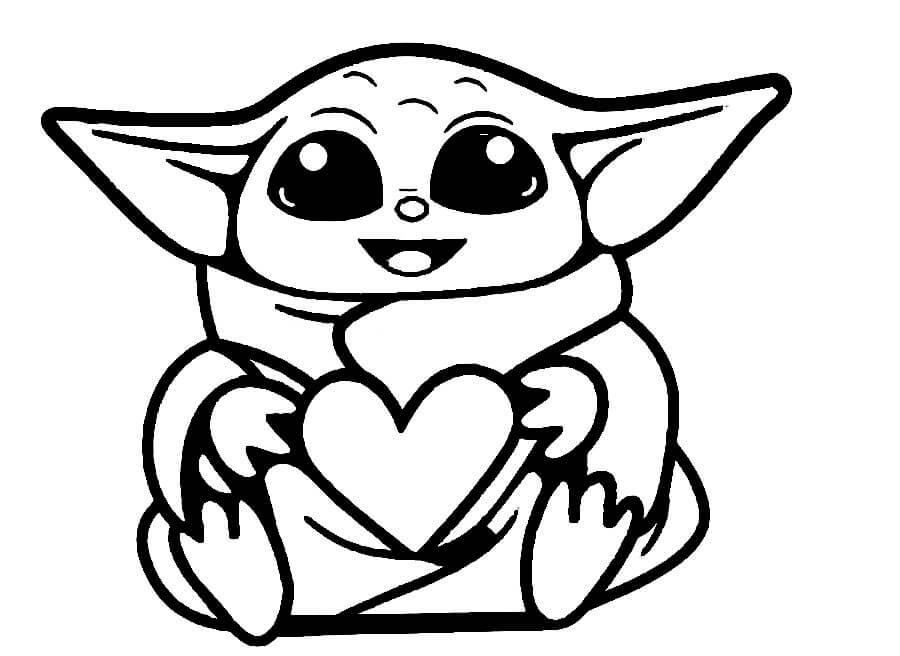 Desenhos de Bebê Yoda com Coração para colorir