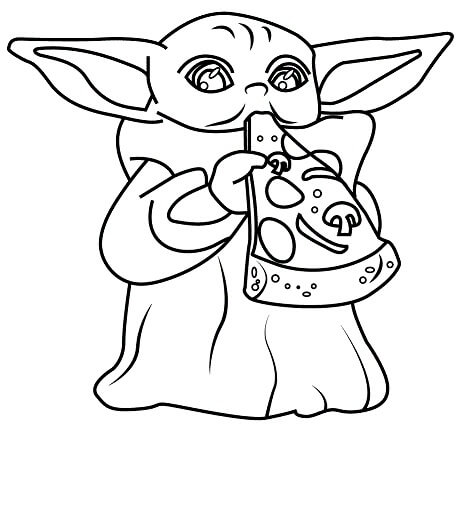Desenhos de Bebê Yoda comendo Pizza para colorir