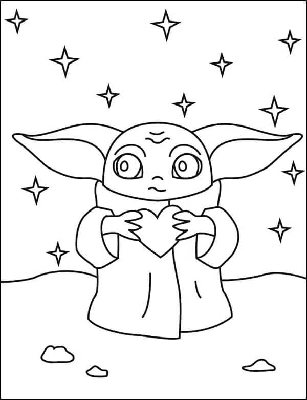 Bebê Yoda Segurando Coração com Estrela para colorir