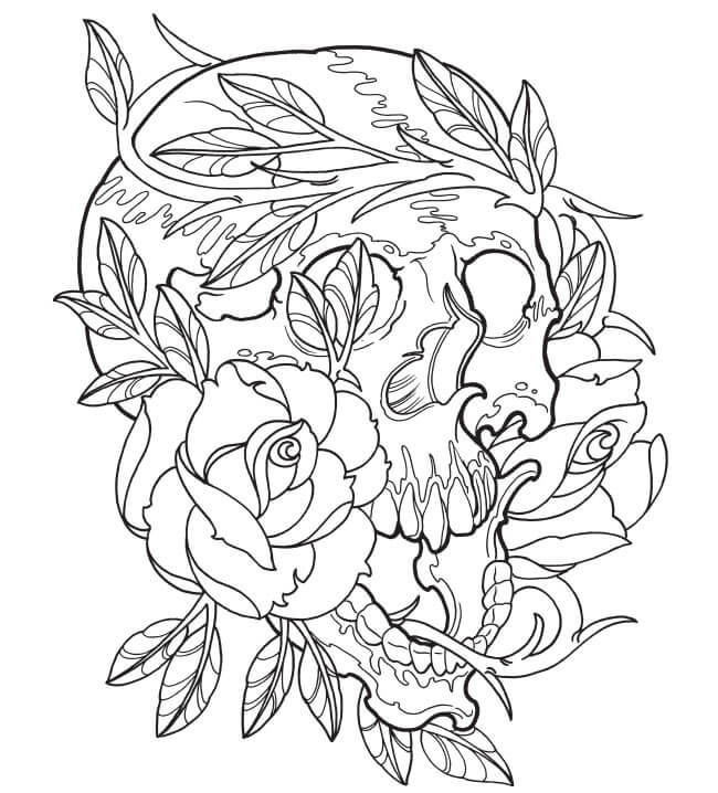 Crânio Básico com Tatuagem de Rosa e Flor para colorir