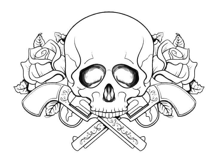 Crânio de Tatuagem de duas Armas para colorir