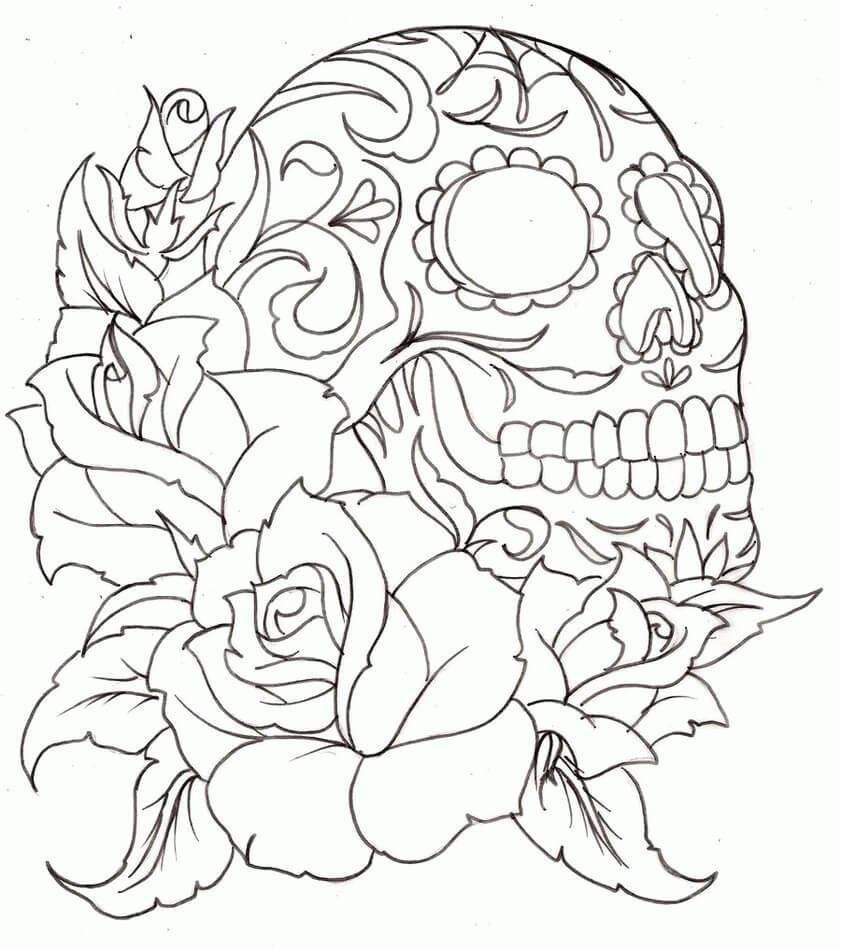 Desenhos de Crânio de Tatuagem de Rosa para colorir