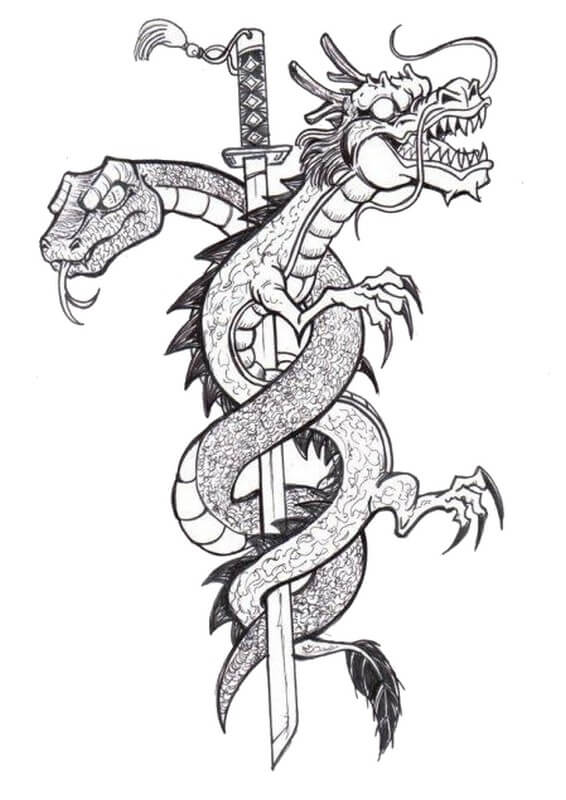 Espada Tatuagem Dragão e Serpente para colorir