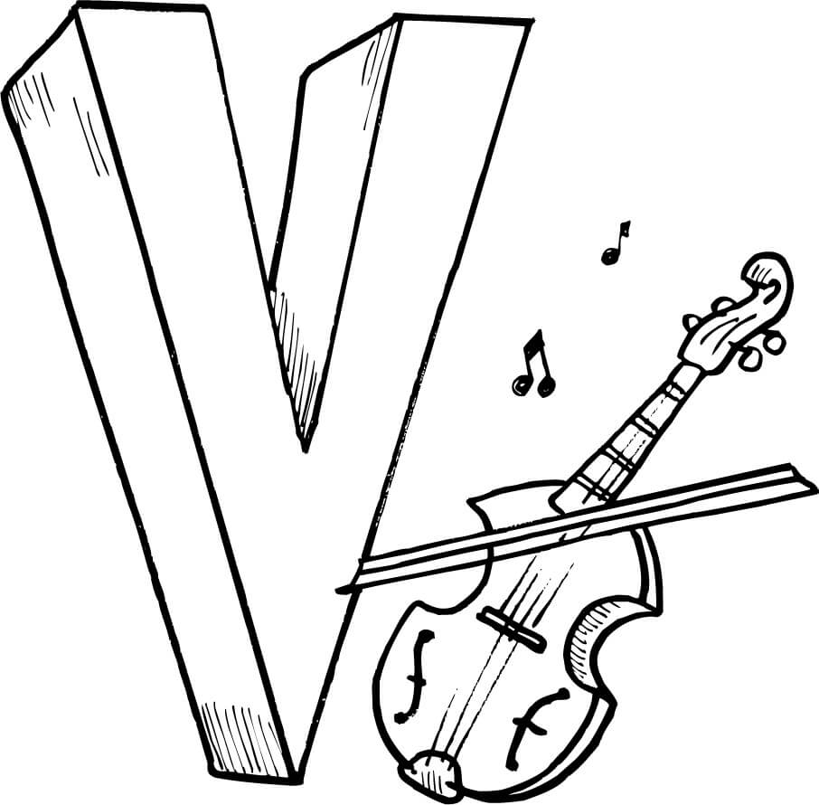Letra V com Violino para colorir
