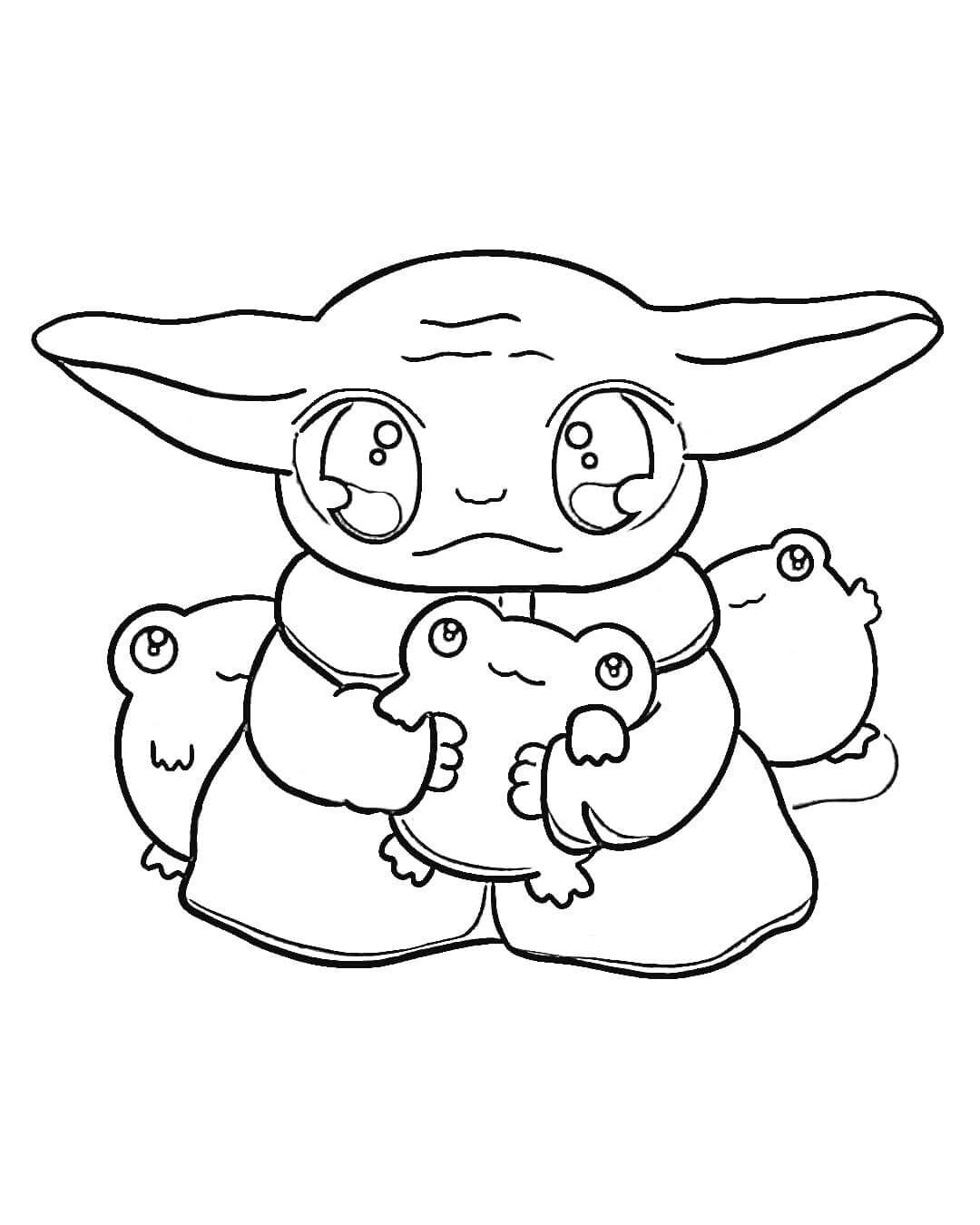 Desenhos de Lindo bebê Yoda abraçando Sapo para colorir
