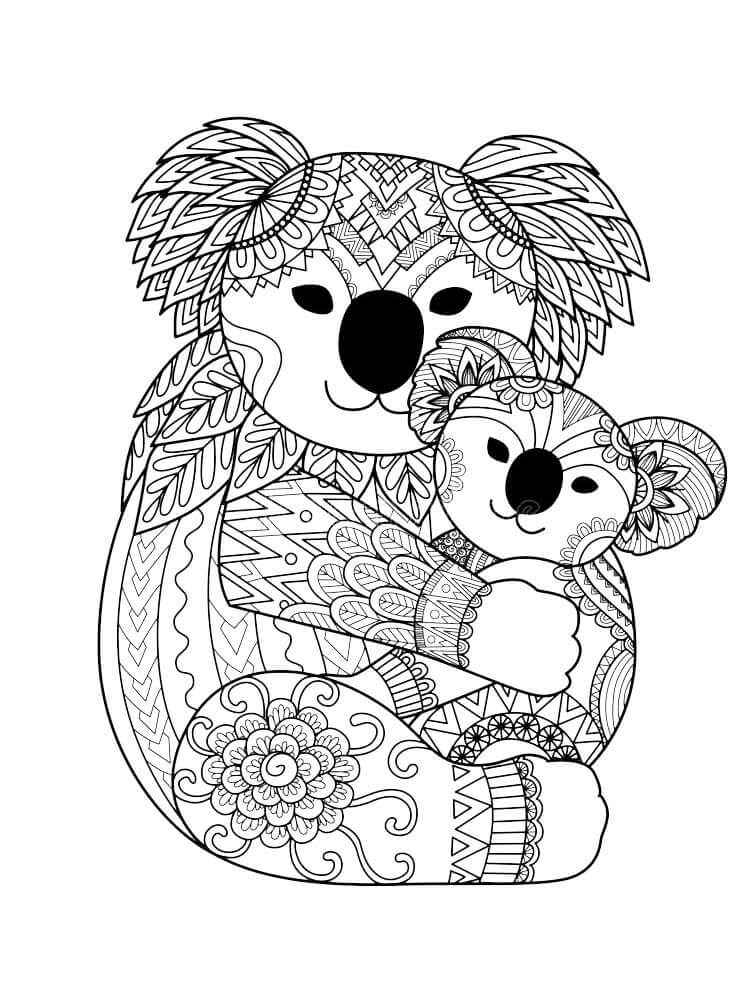 Mãe Koala com bebê Koala Mandala para colorir