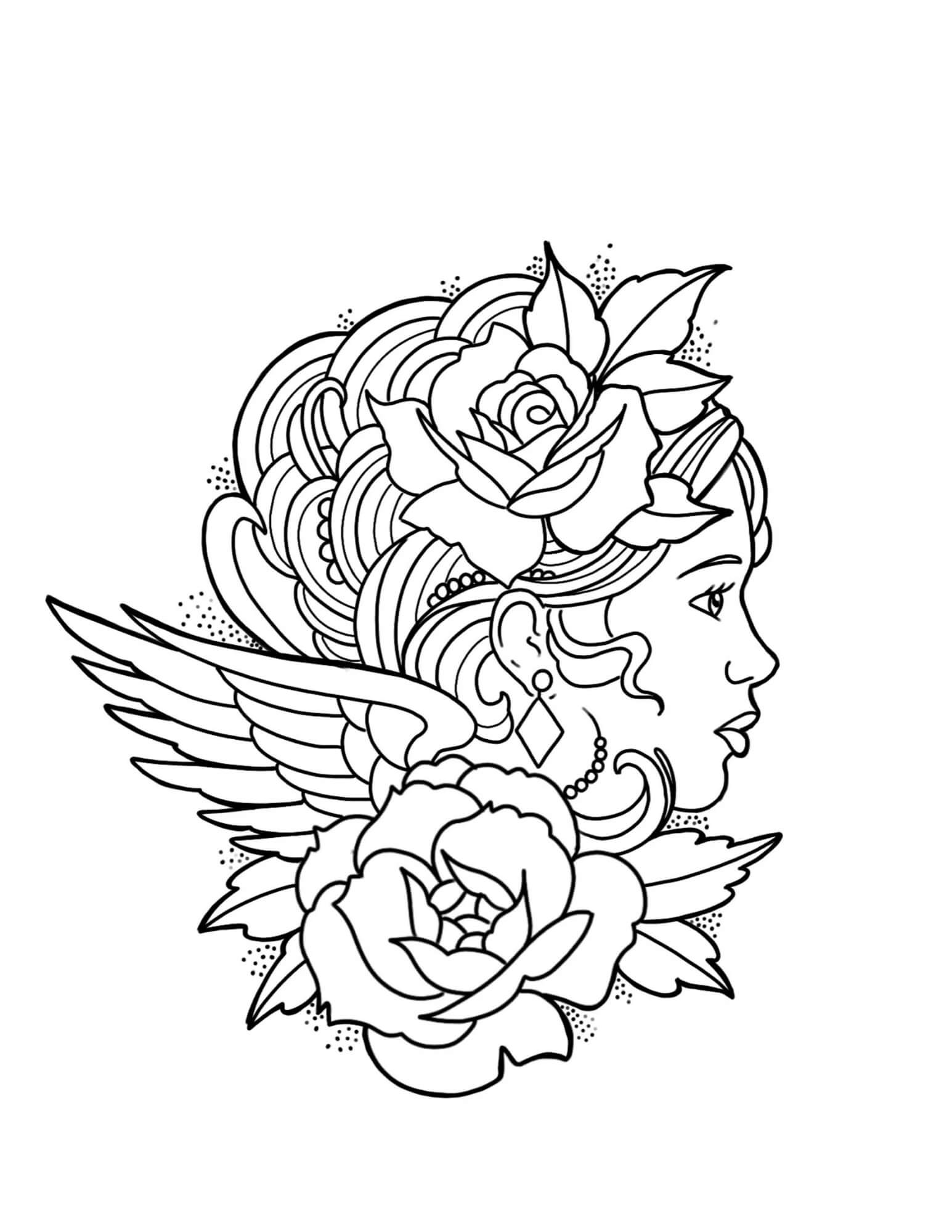 Desenhos de Mulher com Tatuagem de Rosa e Asa para colorir