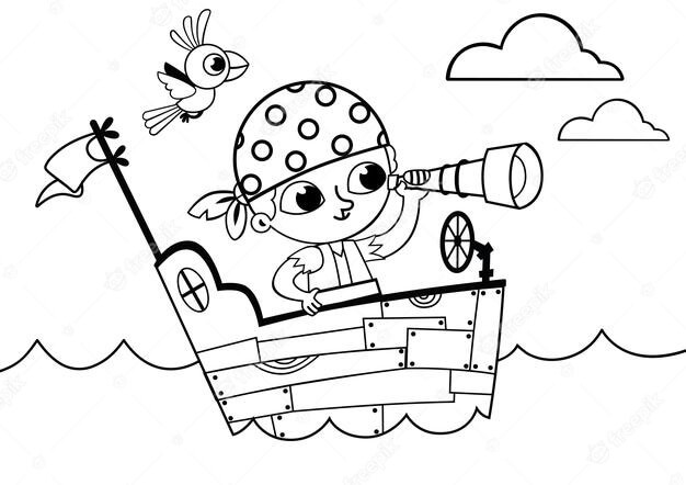 Desenhos de Pequeno Pirata no Navio Pirata para colorir