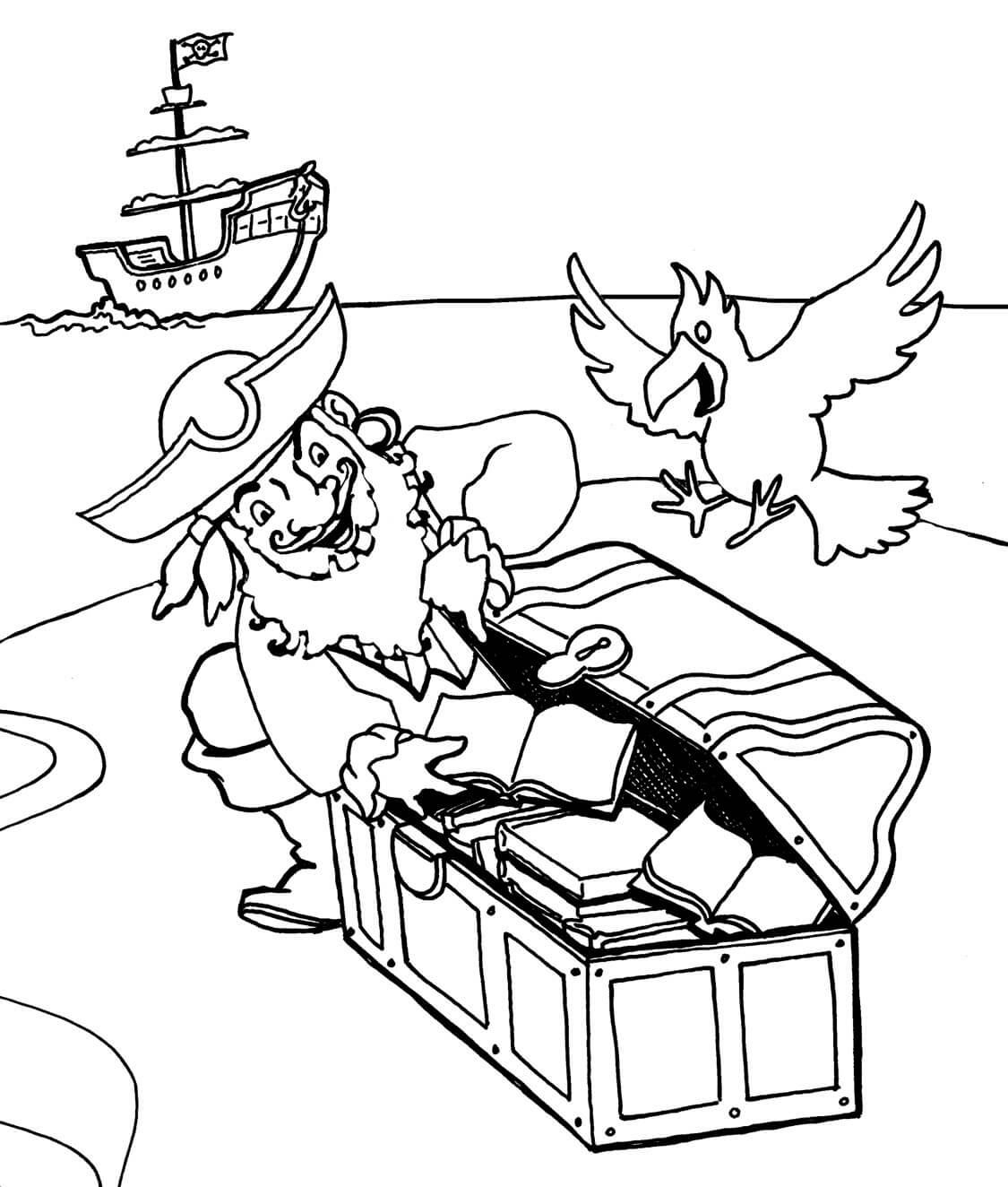 Pirata Feliz com Tesouro para colorir