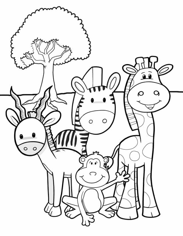 Quatro Animais e Árvores no Zoológico para colorir