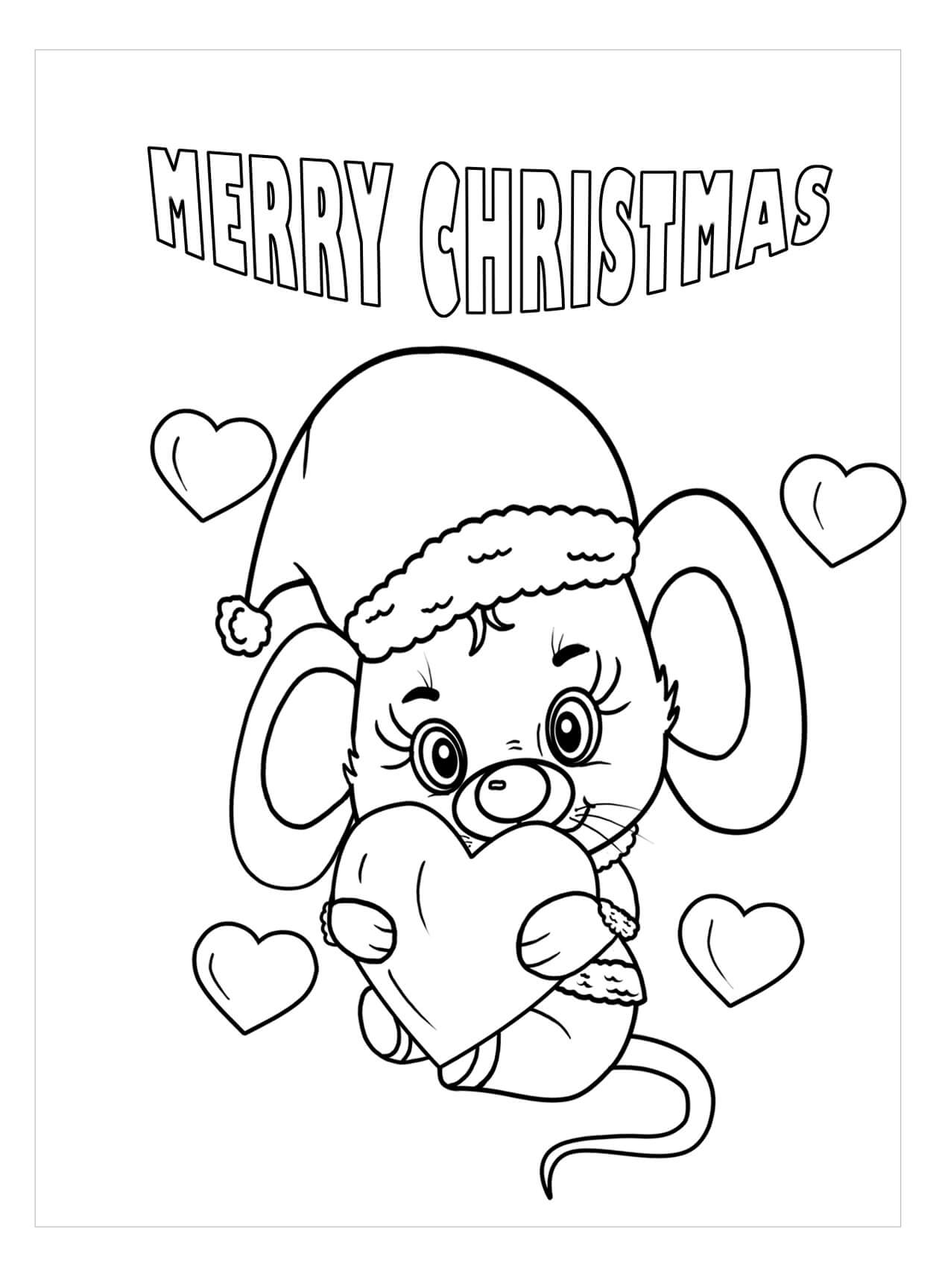 Rato Segurando Coração em Feliz Natal para colorir