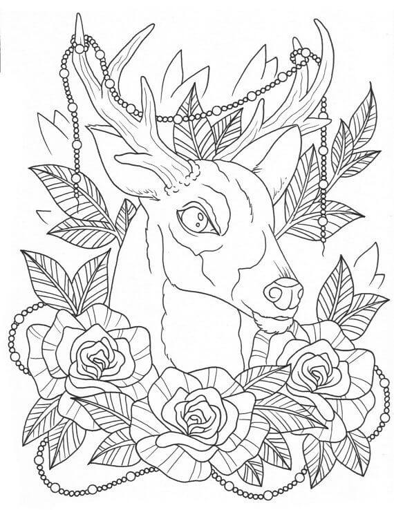 Desenhos de Tatuagem de Rosa e Veado Folha para colorir