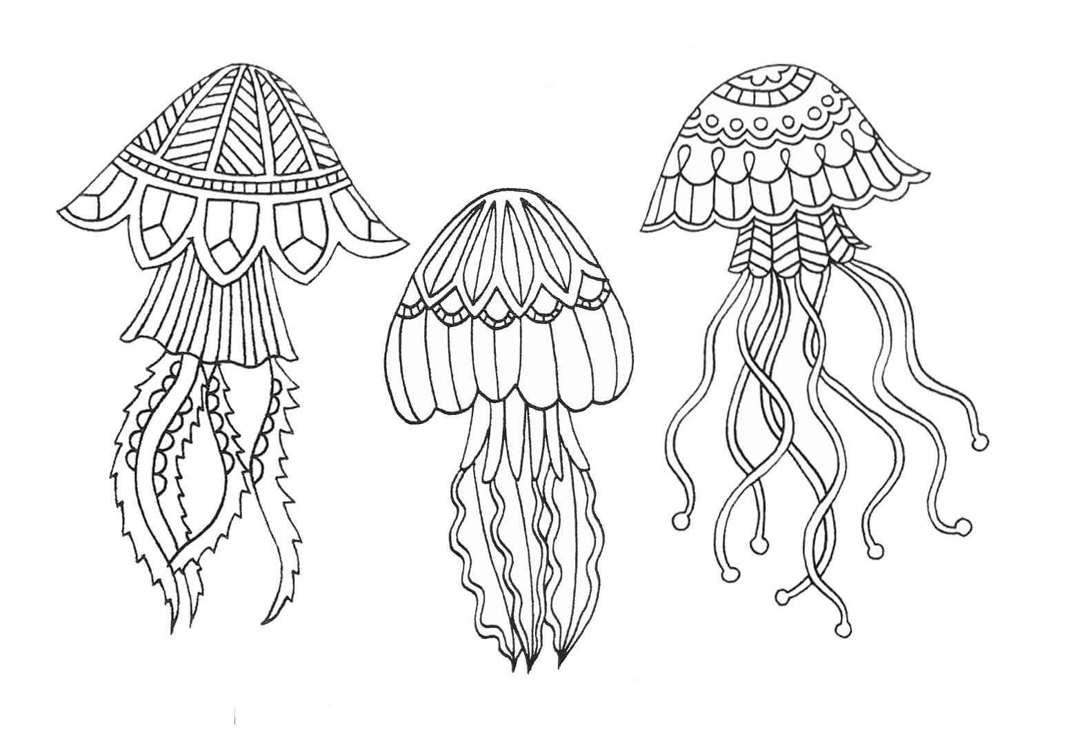 Três águas-vivas Zentangle para colorir