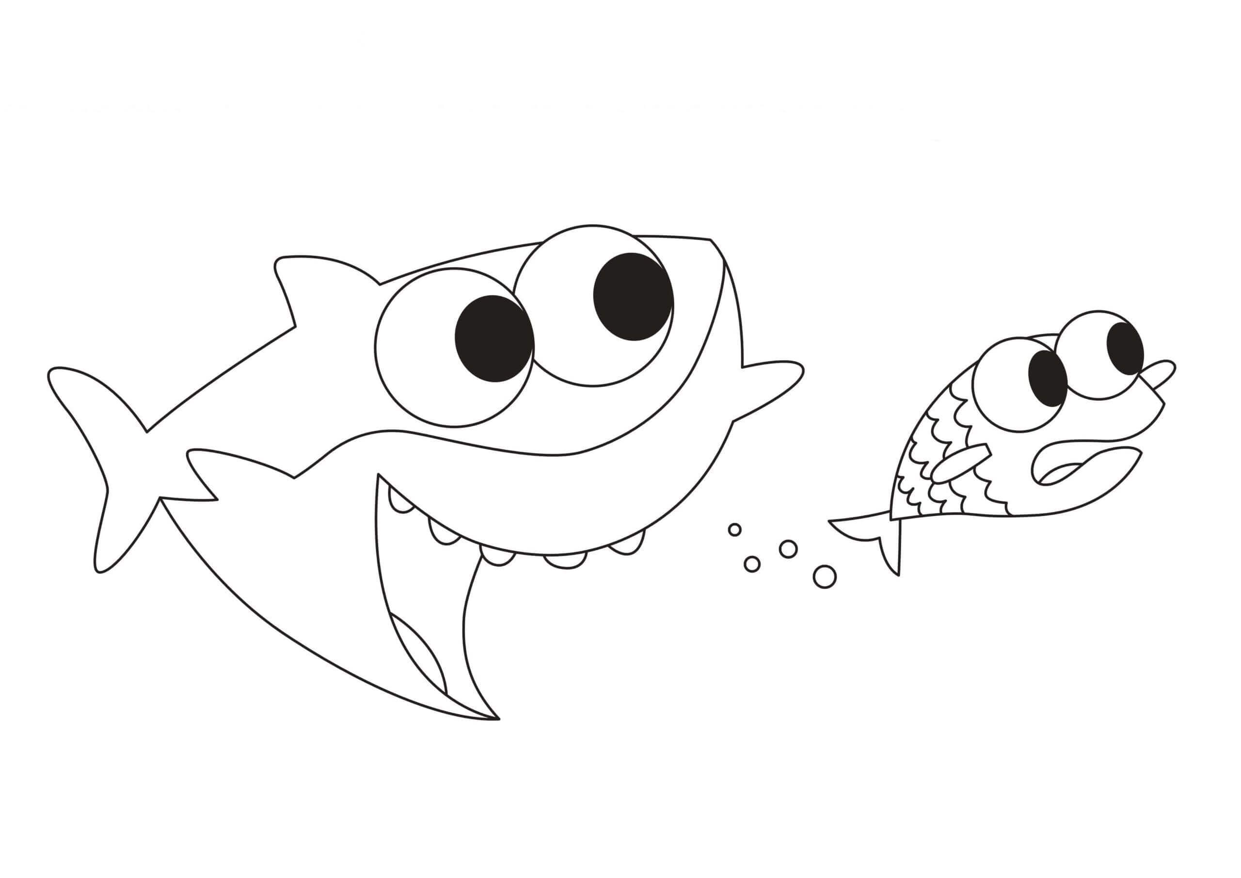 Desenhos de Bebê Tubarão Engraçado com Peixe para colorir