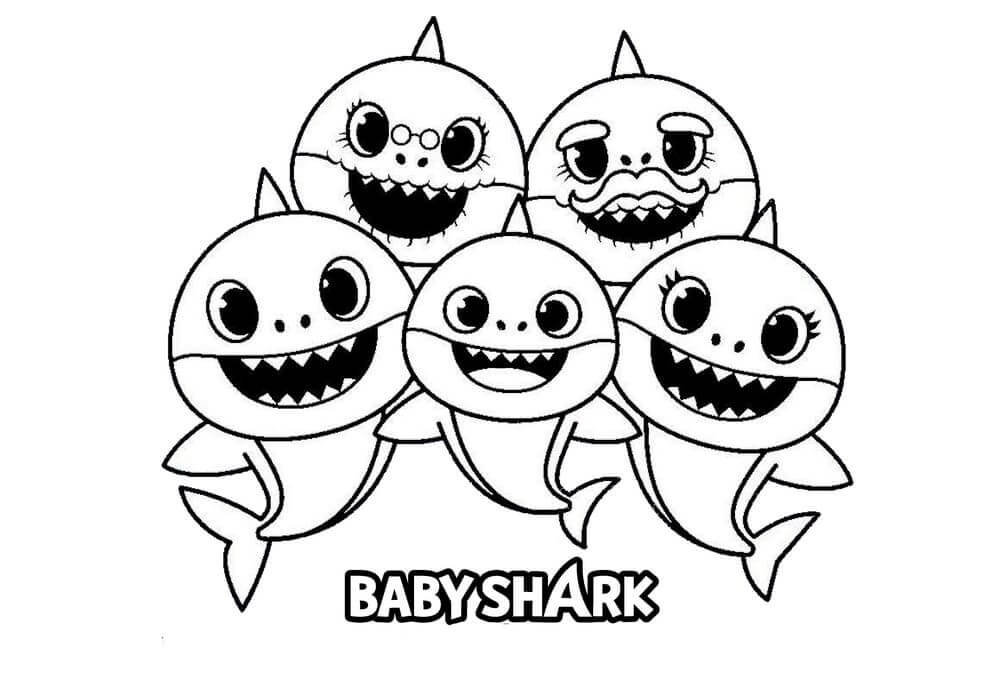 Família de Bebê Tubarão Fofo para colorir
