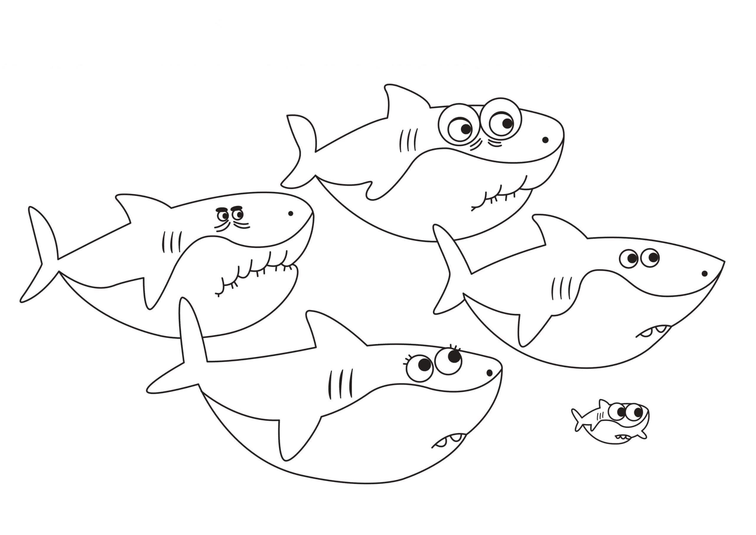 Família de Tubarão Bebê com Peixes Nadando para colorir