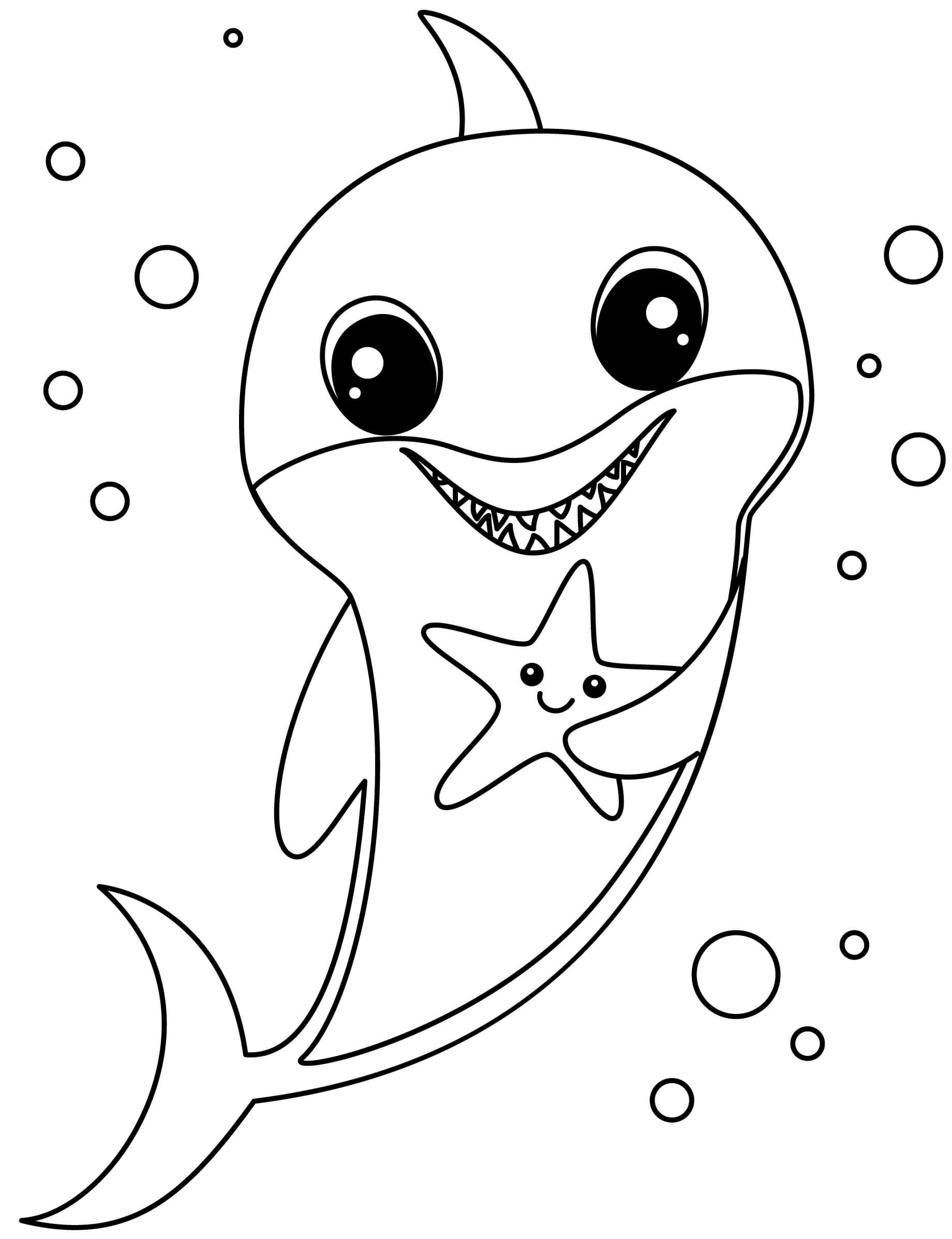 Desenhos de Tubarão Bebê Segurando Estrela do Mar para colorir