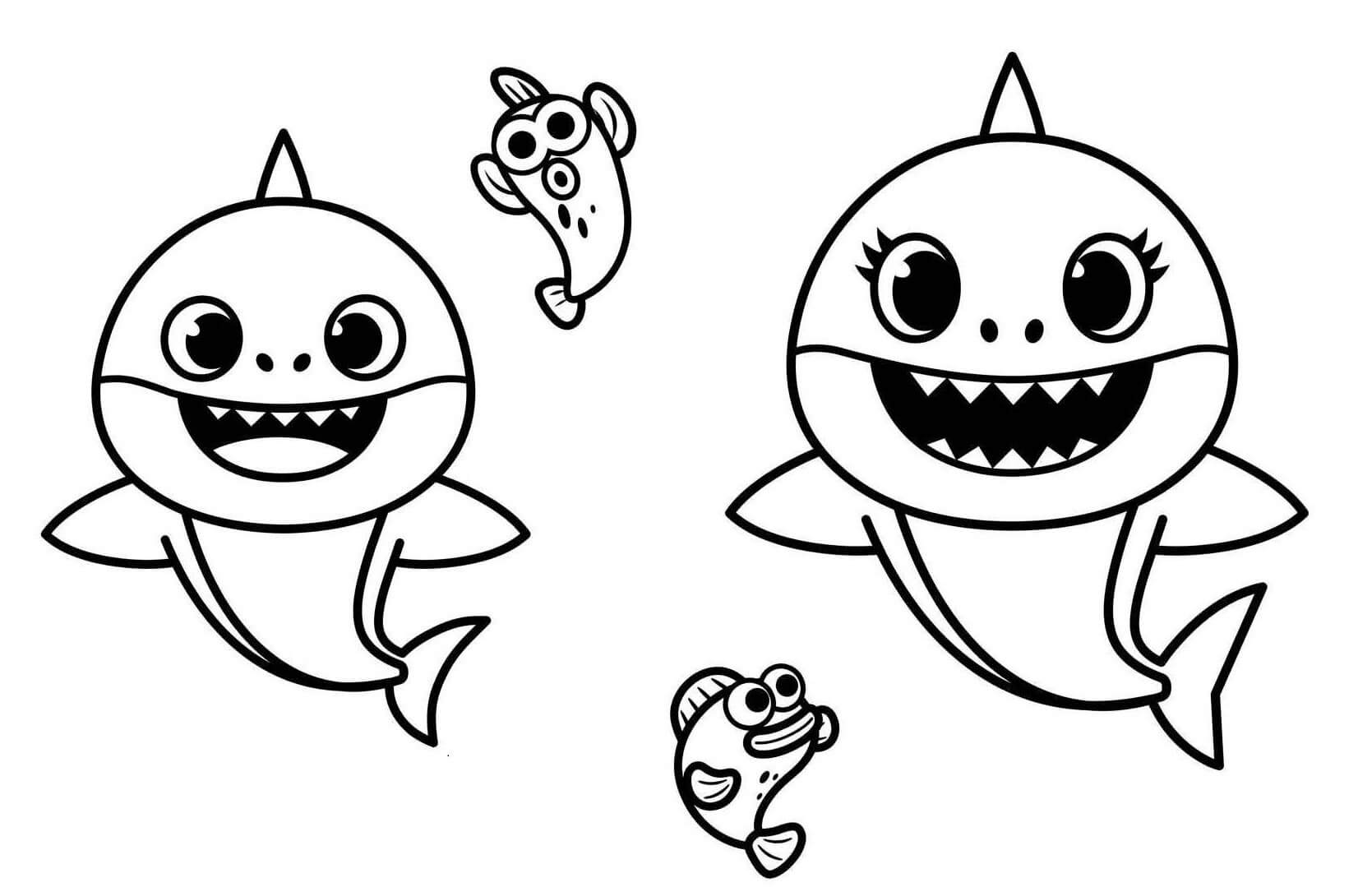 Desenhos de Tubarão Bebê e Mamãe Tubarão com Peixes para colorir