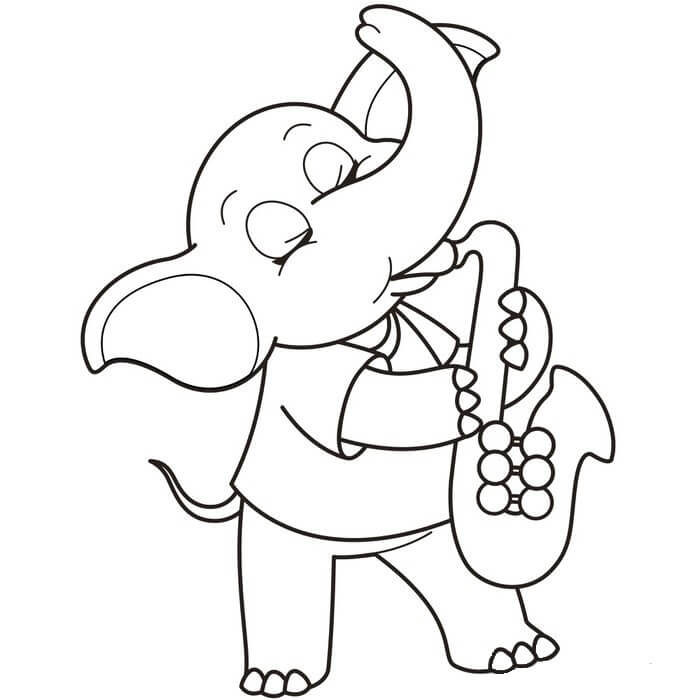 Desenhos de Elefante tocando Saxofone para colorir