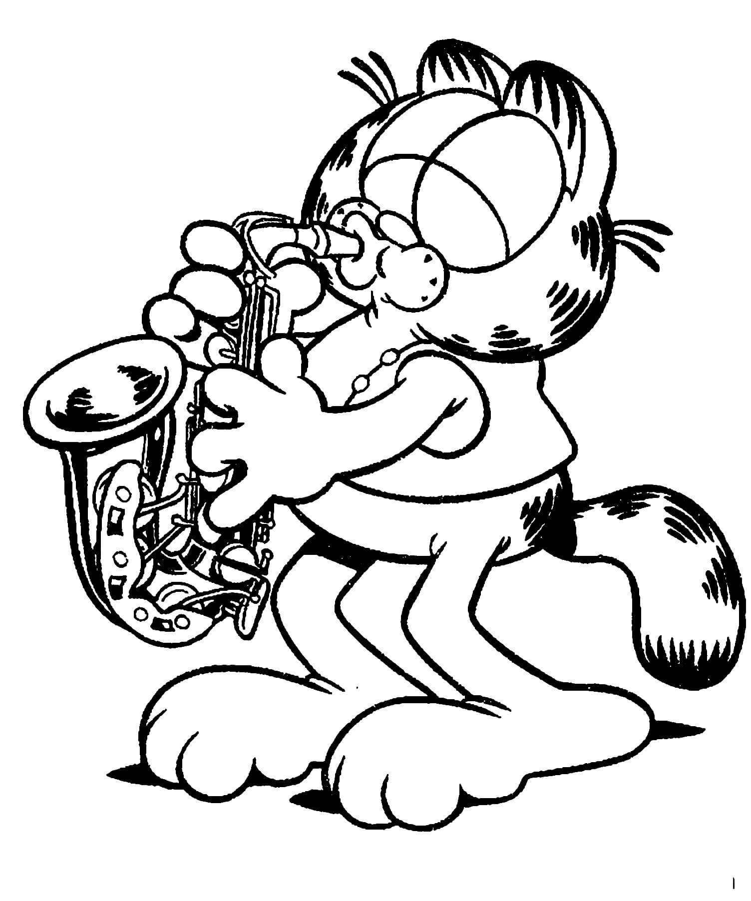 Desenhos de Garfield tocando Saxofone para colorir
