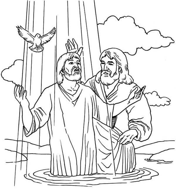 Desenhos de Batismo de Jesus por João Batista para colorir