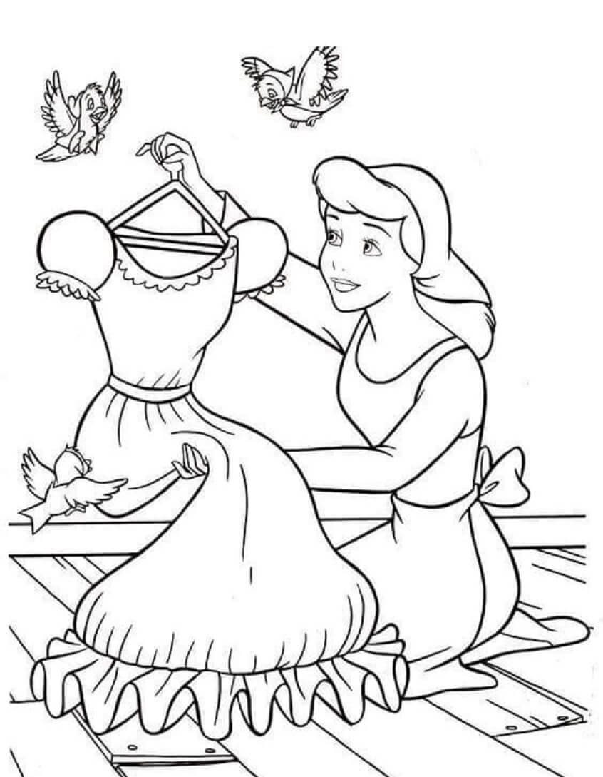 Desenhos de Cinderela com Vestido e Pássaros para colorir