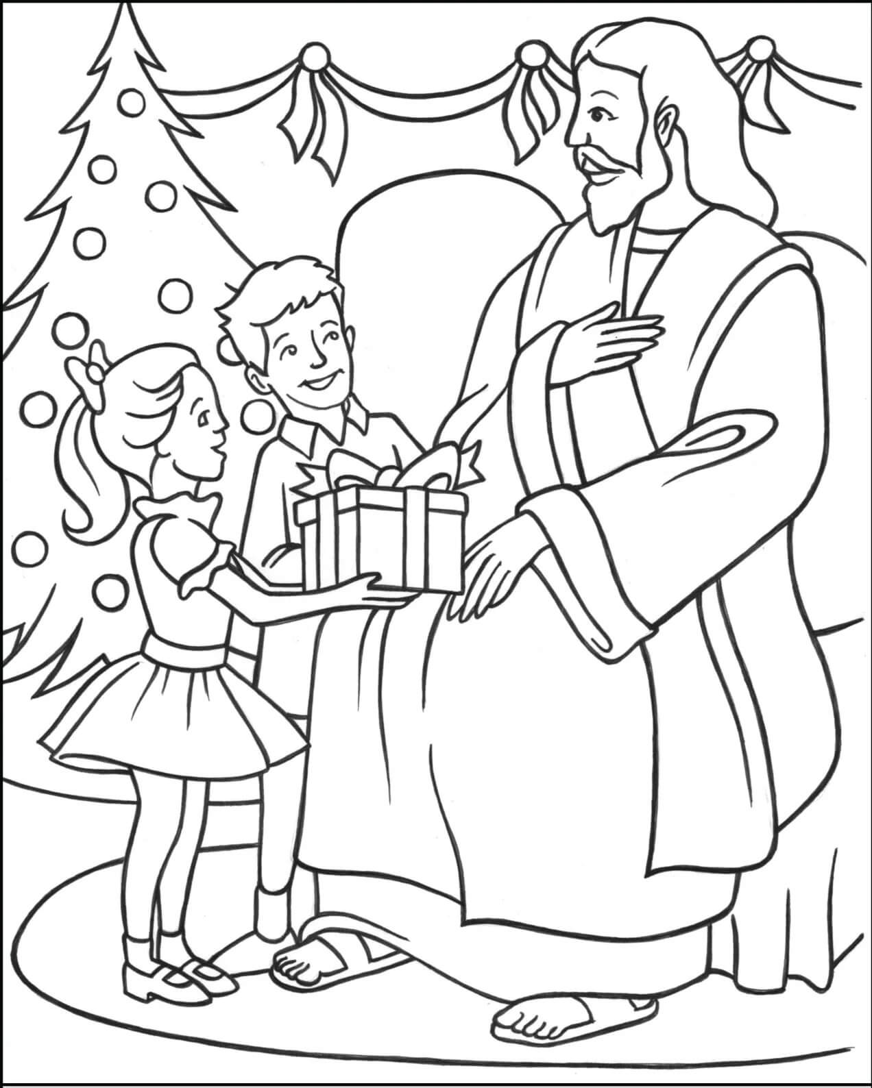 Duas Crianças Dando Presentes a Jesus para colorir