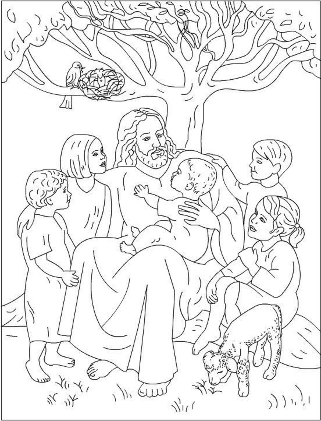 Jesus com Cinco Crianças para colorir