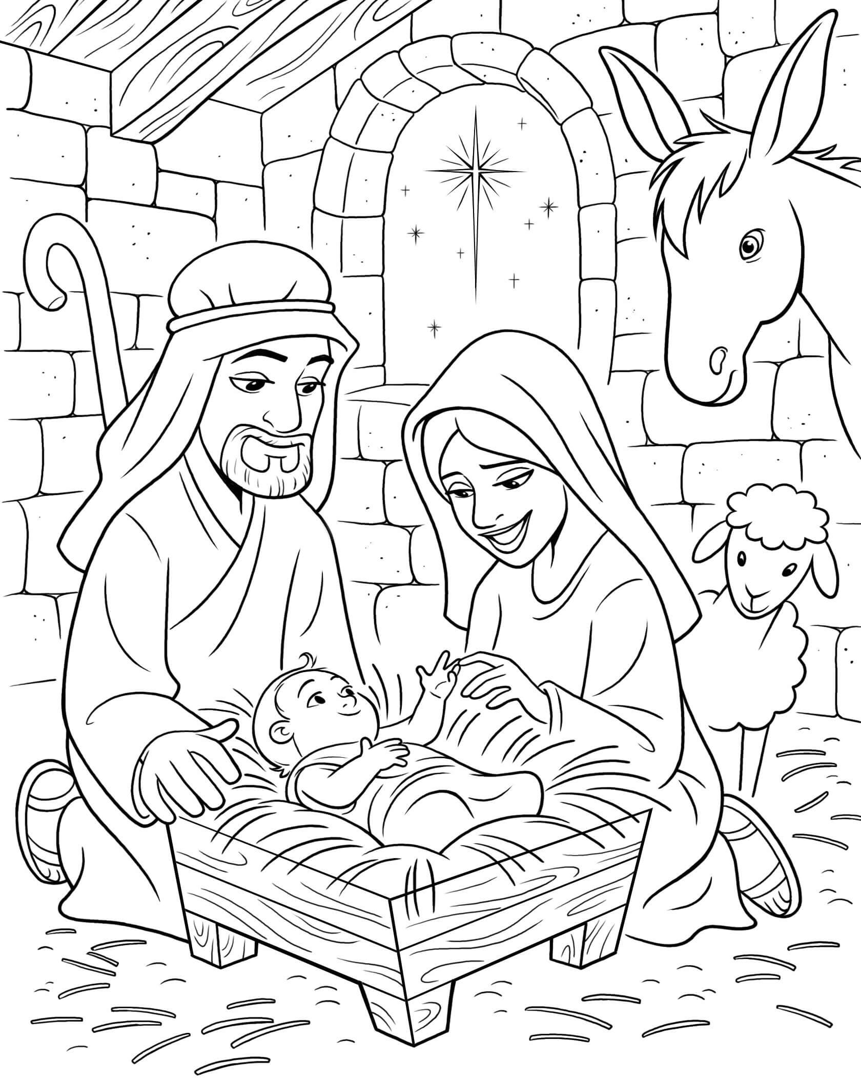 Desenhos de Jesus com Família e Dois Animais para colorir