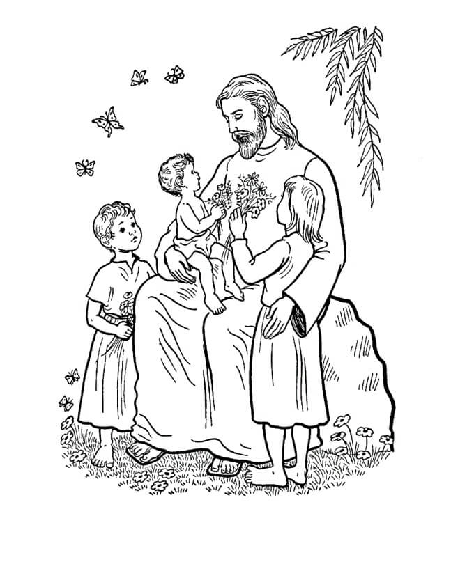 Desenhos de Jesus com Três Crianças e Borboletas para colorir
