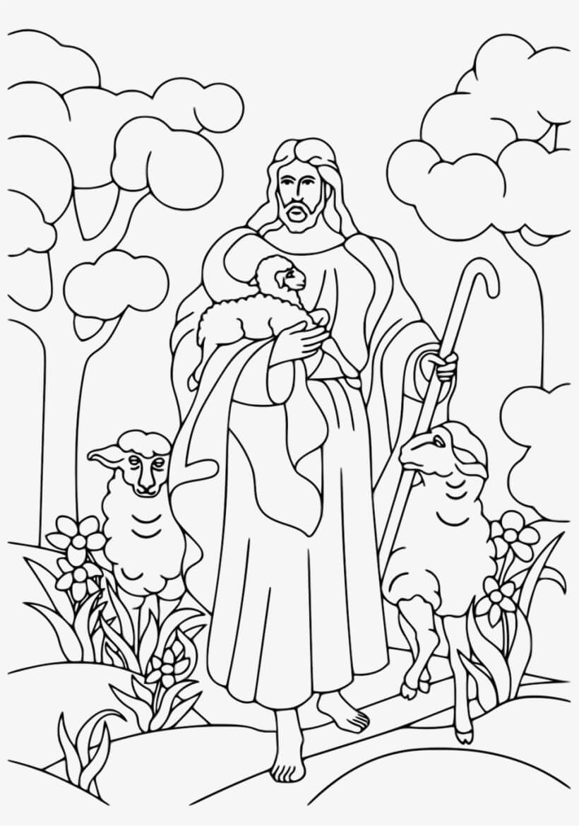 Jesus com Três Ovelhas para colorir