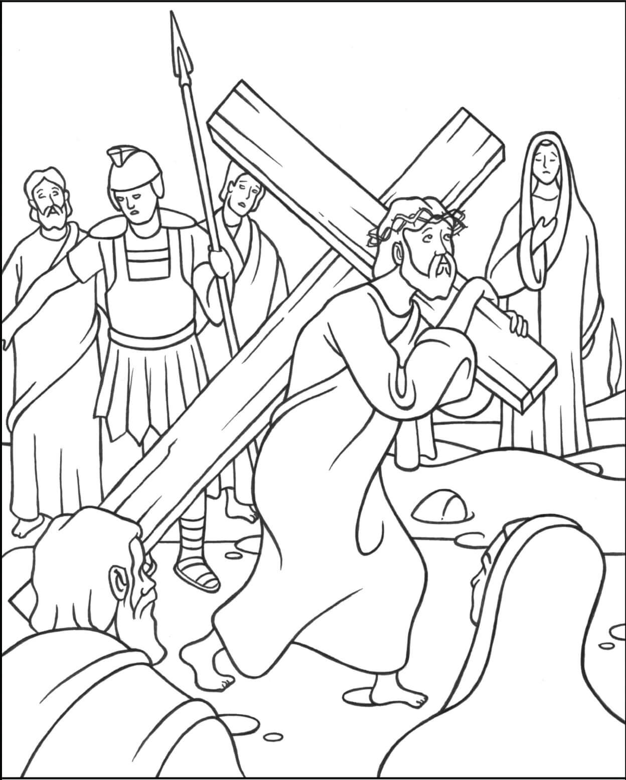 Jesus segurando Cruz para colorir