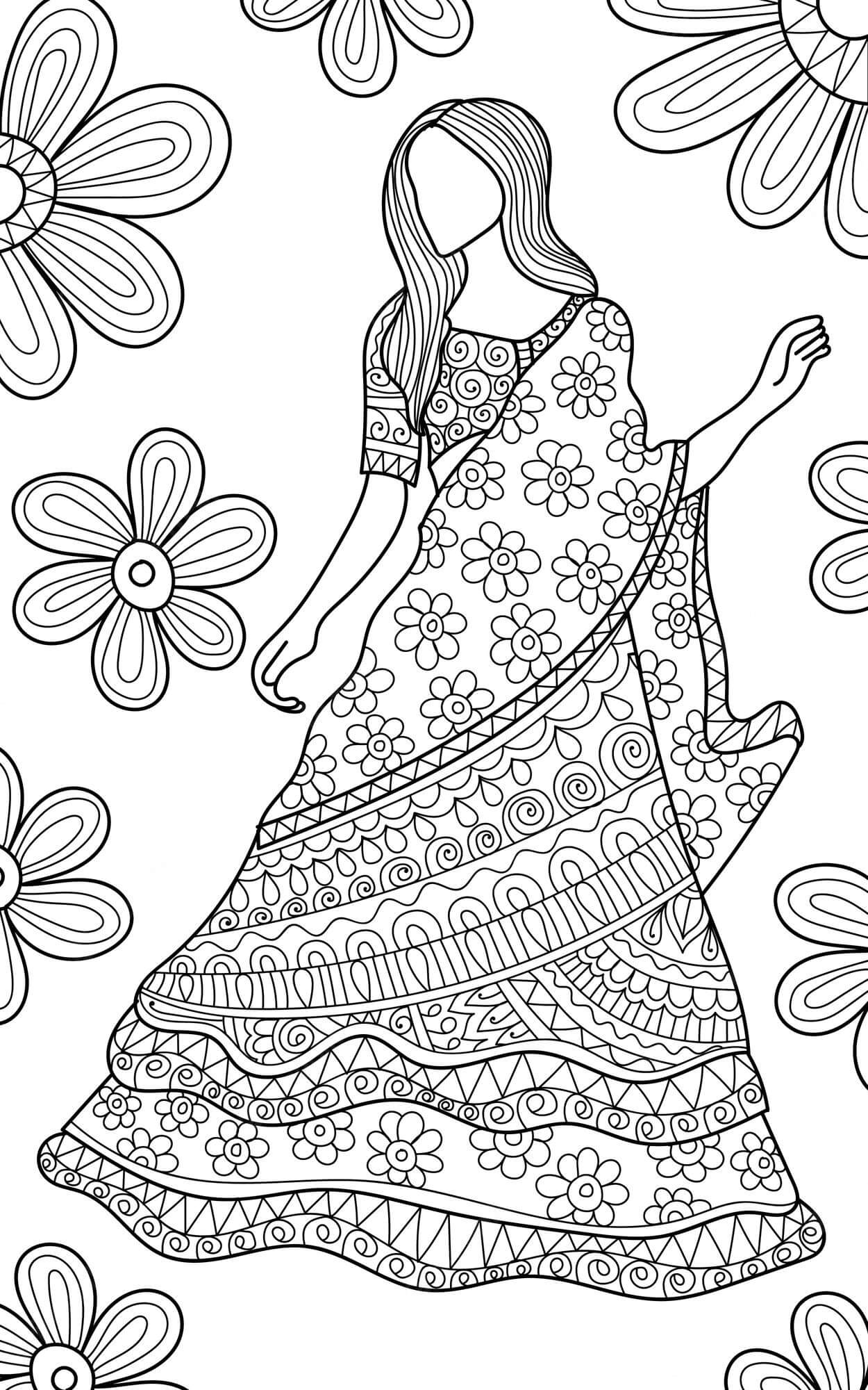 Desenhos de Mandala de Mulher de Vestido para colorir