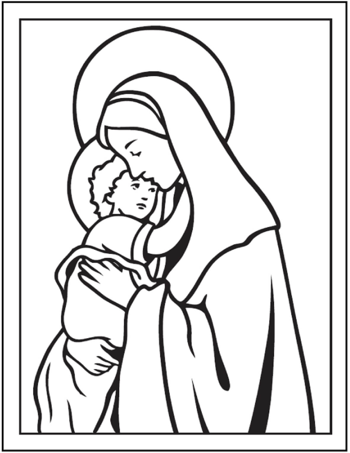 Maria abraçando Jesus para colorir