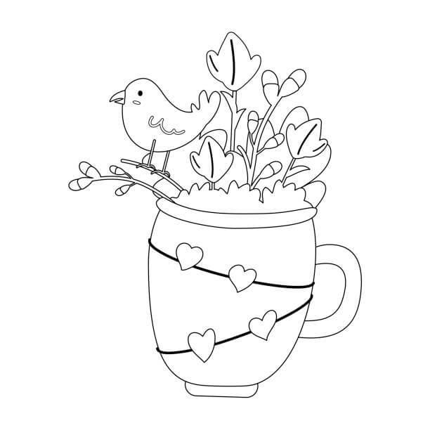 Desenhos de Pássaro em Vaso de Flores para colorir