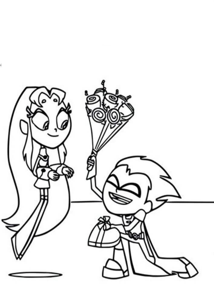 Robin dá flores para Starfire para colorir