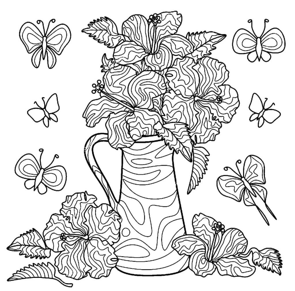 Desenhos de Vaso de Flores com Borboletas para colorir