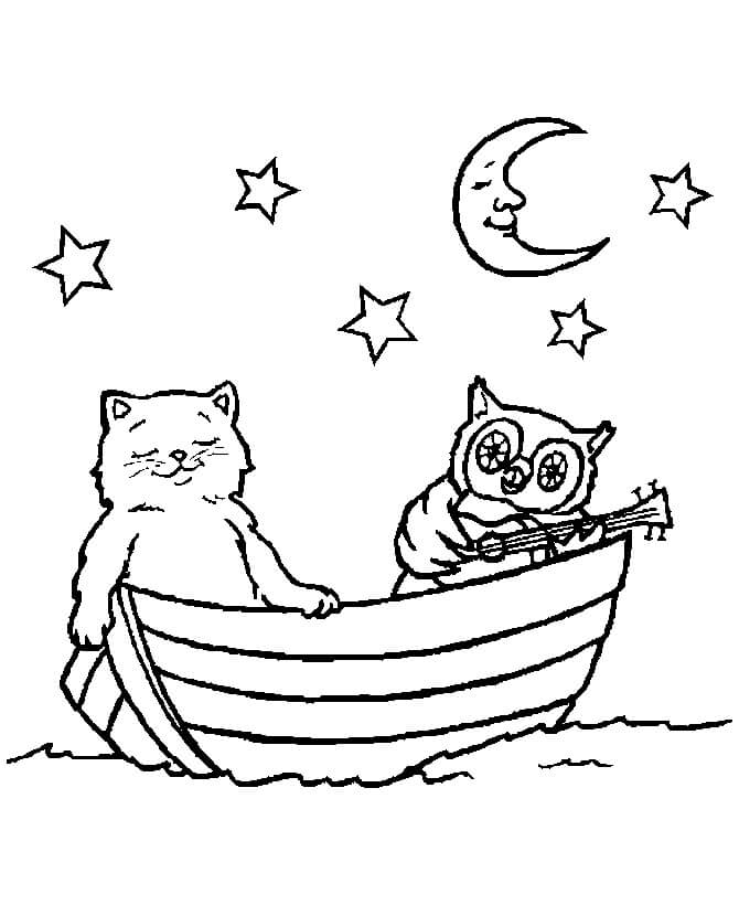 Desenhos de Gato e Coruja em um Barco para colorir